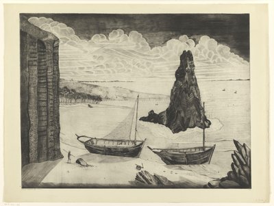 Twee afgemeerde schepen op een strand door Lodewijk Schelfhout (signed by artist)