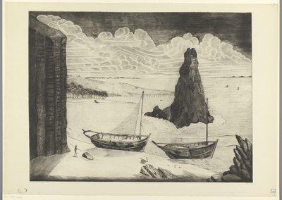 Twee afgemeerde schepen op een strand door Lodewijk Schelfhout (signed by artist)