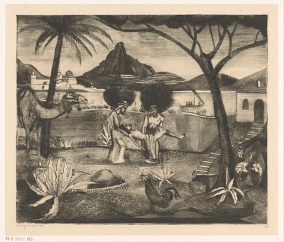 Twee mannen die in een tuin een man dragen door Lodewijk Schelfhout (signed by artist)
