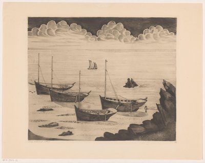 Vier afgemeerde schepen op een Bretons strand door Lodewijk Schelfhout (signed by artist)