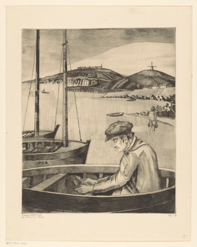 Visser in een afgemeerd schip door Lodewijk Schelfhout (signed by artist)