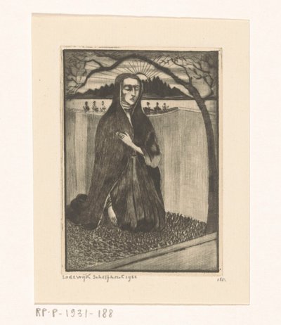 Vrouw bij een tombe door Lodewijk Schelfhout (signed by artist)