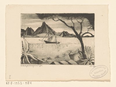 Zeilschip in een baai door Lodewijk Schelfhout (signed by artist)