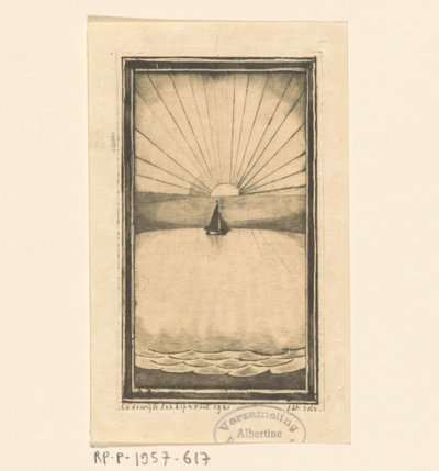 Zeilschip op zee bij opgaande of ondergaande zon door Lodewijk Schelfhout (signed by artist)