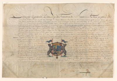 Diploma waarbij Lodewijk XIV Cornelis Lampsins verhief tot baron van Tobago en ridder van de Orde van St. Michel door Lodewijk XIV (koning van Frankrijk) (signed by artist)