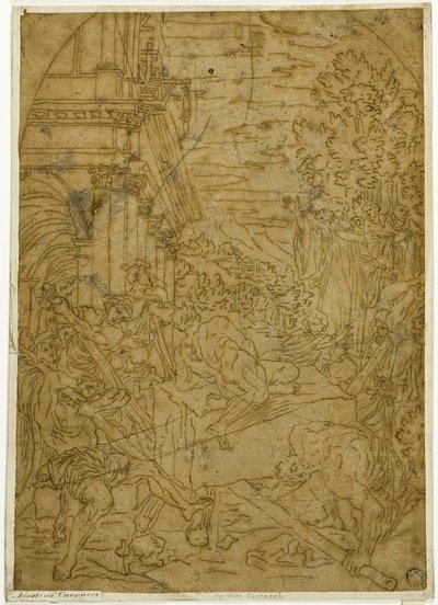 Sint Benedictus beweegt de steen die een demon onbeweeglijk had gemaakt door Lodovico Carracci