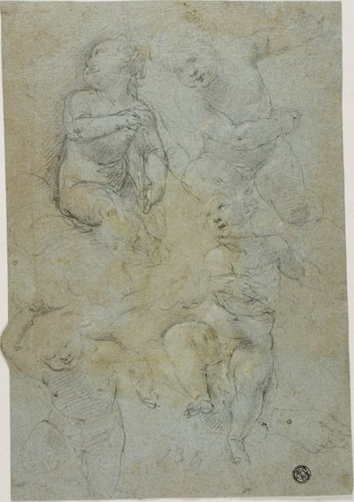 Schetsen van Vier Putti (recto); Knielende Geestelijke (verso) door Lodovico Carracci