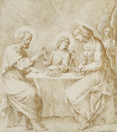 Het kindje Jezus, de Maagd en Sint Jozef zittend aan een tafel met een engel door Lodovico Carracci