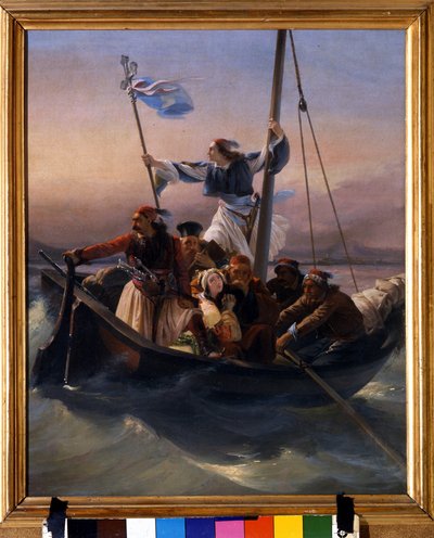 Grieken op een schip, allegorie van Griekenland op weg naar onafhankelijkheid na de Ottomaanse overheersing en de Griekse Onafhankelijkheidsoorlog door Lodovico Lipparini