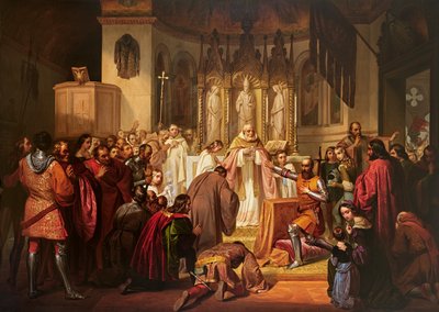 Vittore Pisani ontvangt de heilige communie voordat hij het bevel over een expeditie tegen de Genuezen overneemt door Lodovico Lipparini