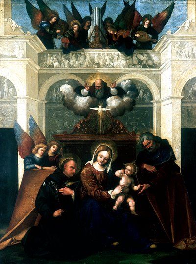 Heilige Familie met Sint Nicolaas van Tolentino door Lodovico Mazzolini