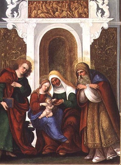 Madonna en Kind met de heiligen Anna, Johannes de Evangelist en Zacharias of Madonna en Sint Anna van de Kersen door Lodovico Mazzolino