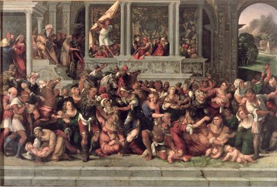 De Slachting van de Onschuldigen (paneel) door Lodovico Mazzolino