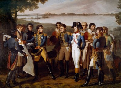 Napoleon I gaf opdracht om op 19 mei 1809 een brug over de Donau bij Ebersdorf te leggen. Generaal Henri Gatien Bertrand (1773-1844) presenteert de plannen van de brug om door het eiland Lobau te gaan (detail) door Lodovico Venuti