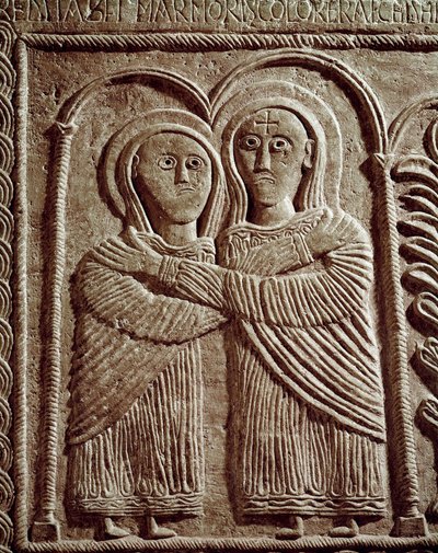 Archeologie van de Middeleeuwen. Barbaarse kunst van Lombardije: Visitatie, Sint-Elizabeth en Sint-Maria. Beeldhouwwerk, Lombardische kunst, 737-744. Cividale del Friuli, Christelijk Museum, schat van de kathedraal door Lombard School