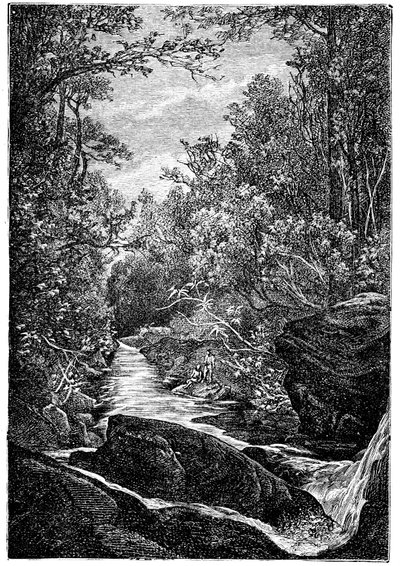 Bergstroom met rotsen en waterval in het midden van een bos. Tekening door Leon Benett gegraveerd door Meaulle voor de Hetzel editie van het boek door Elysee Reclus 