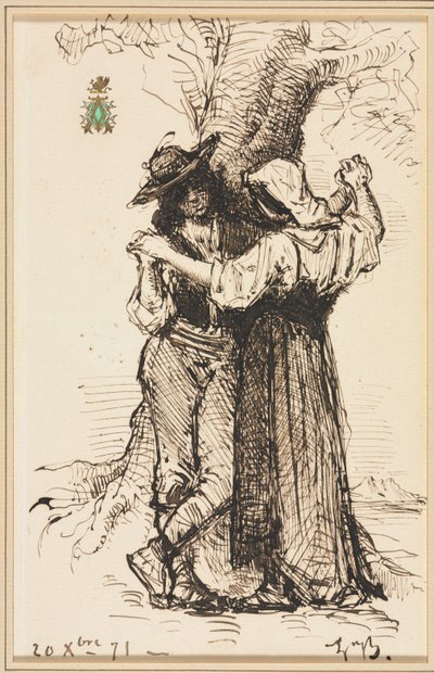 Koppel dat flirt bij een boom, 1871 door Léon Bonnat