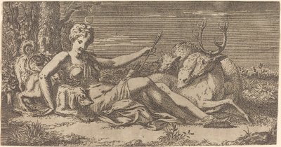 Diana Rustend door Léon Davent after Francesco Primaticcio