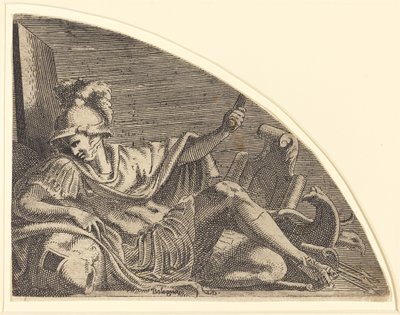 Mars Zittend op Trofeeën door Léon Davent after Francesco Primaticcio