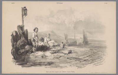 Drie kinderen spelen in een baai door Léon Jean Baptiste Sabatier