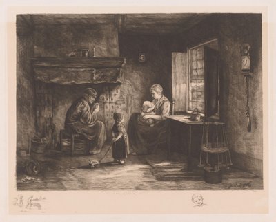 Interieur van vissershut met een man, vrouw en twee kinderen door Léon Richeton