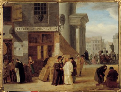 Bij de Egide de Minerve, een boekhandel in Luik, België die boeken verkocht die verboden waren door de overheid of de kerk door Léonard Defrance