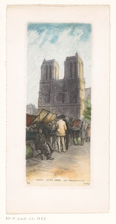 Gezicht op de Notre-Dame te Parijs met boekhandelaren in de voorgrond door Léopold Robin