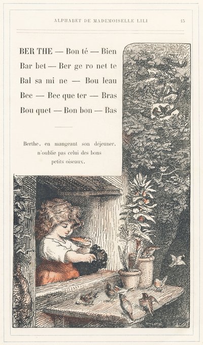 Berthe, Bonte, Bron, Barbet, Kwikstaart, Balsamine, Berk, Snavel, Bekken, Arm, Boeket, Snoep, Onderkant, pagina 15 - Alfabet door juffrouw Lili, door L. Froelich en door een vader (Hetzel zelf). Bibliotheek & Magasin d