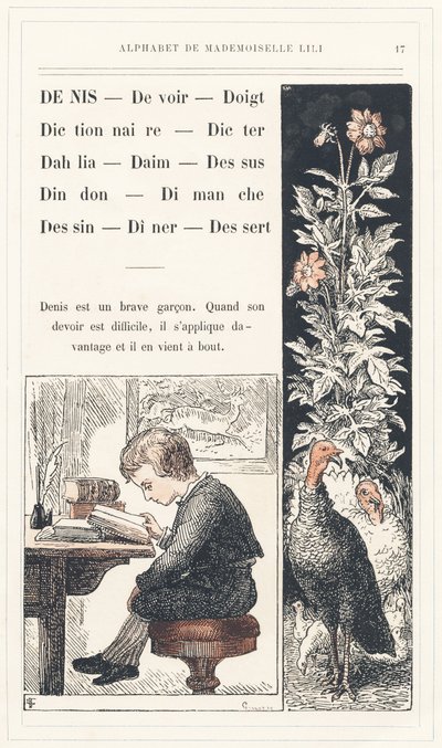 Denis, Plicht, Vinger, Woordenboek, Dicteren, Dahlia, Suède, Top, Kalkoen, Zondag, Tekening, Diner, Dessert, pagina 17 - Alfabet door juffrouw Lili, door L. Froelich en door een vader (Hetzel zelf). Bibliotheek & Magasin d