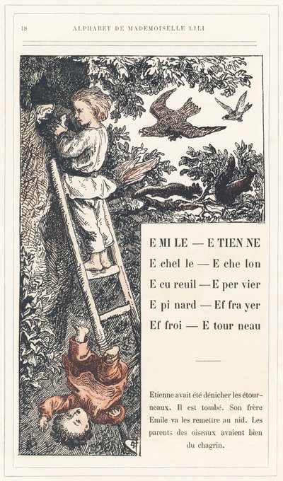 Emile, Etienne, Echelle, Echelon, Eekhoorn, Mus, Spinazie, Vogelverschrikker, Farry, Stourneau, pagina 18 - Alfabet door juffrouw Lili, door L. Froelich en door een vader (Hetzel zelf). Bibliotheek & Magasin d