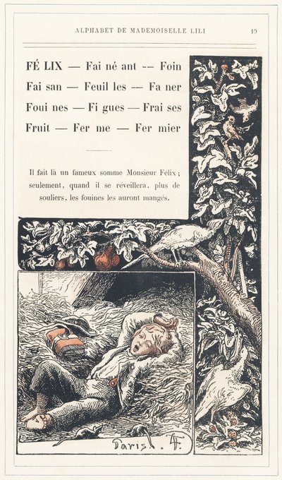 Felix, Leg, Hooi, Fazant, Bladeren, Faner, Wezels, Vijgen, Aardbeien, Fruit, Boerderij, Boer, pagina 19 - Alfabet door Mademoiselle Lili, door L. Froelich en door een vader (Hetzel zelf). Bibliotheek & Magasin d