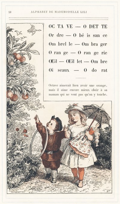 Octave, Odette, Orde, Gehoorzaamheid, Paraplu, Schaduw, Sinaasappel, Orangerie, Oog, Anjer, Schaduw, Vogels, Geur, pagina 28 - Alfabet van Juffrouw Lili, door L. Froelich en door een vader (Hetzel zelf). Bibliotheek & Magazijn voor Onderwijs en Recreatie J door Lorentz Froelich