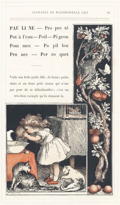 Pauline, Schoon, Waterpot, Haar, Duif, Appels, Vlinder, Pruimen, Papegaai, pagina 29 - Alfabet door Mademoiselle Lili, door L. Froelich en door een vader (Hetzel zelf). Bibliotheek & Magasin d