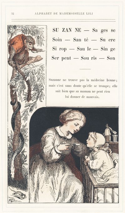 Suzanne, Wijsheid, Zorg, Gezondheid, Suiker, Siroop, Wilg, Aap, Slang, Muis, Geluid, pagina 32 - Alfabet door Mademoiselle Lili, door L. Froelich en door een vader (Hetzel zelf). Bibliotheek & Magasin d