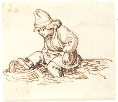 Jongen die op een boomstam in het water zit door Lorenz Frølich