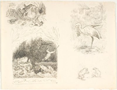 Vier schetsen voor illustraties voor De Pad, H.C. Andersens Nieuwe Sprookjes en Verhalen door Lorenz Frølich