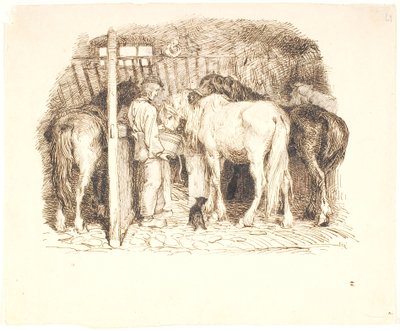 Paarden in een stal krijgen water van een jongen door Lorenz Frølich