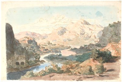 Italiaans berglandschap met rivier en een gebouw links door Lorenz Frølich