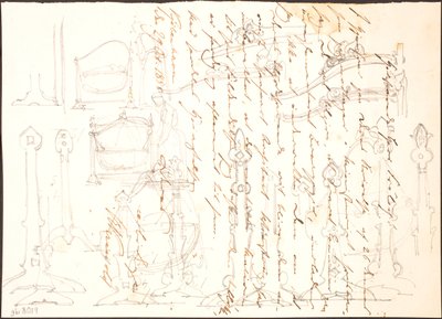 Meubelontwerpen getekend op een brief door Lorenz Frølich