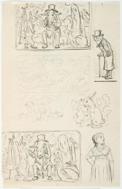 Zeven ontwerpen, waaronder voor H.C. Andersens De snelle lopers, De slak en de rozenhaag en Anne Lisbeth door Lorenz Frølich