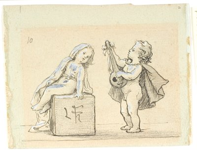 Vignet met jongen die mandoline speelt voor een meisje door Lorenz Frølich