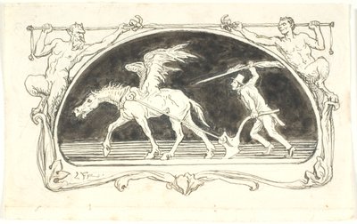 Vignet met een uitgeputte Pegasus voor een ploeg, aangedreven door een man met hoge hoed, gewapend met een grote pen door Lorenz Frølich