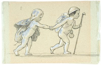Vignet met wandelende jongen en meisje, hand in hand door Lorenz Frølich