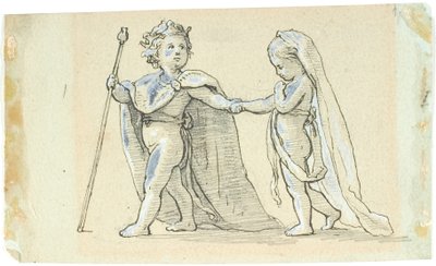Vignet met spelende kinderen, als koning en koningin door Lorenz Frølich