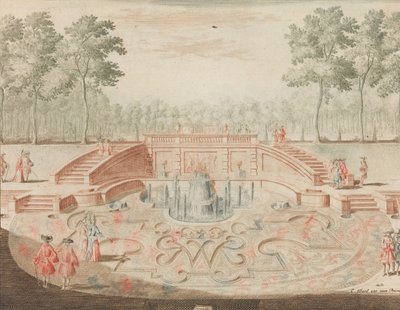 De Fontein van de Koninklijke door-eengevlochten Naam, voor de vijver, in: Tooneel Der Voor..., n.d. door Lorenz Scherm