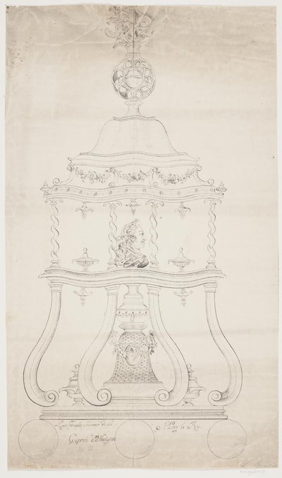 Ontwerp voor een gedraaide standaard met buste van Frederik V door Lorenz Spengler