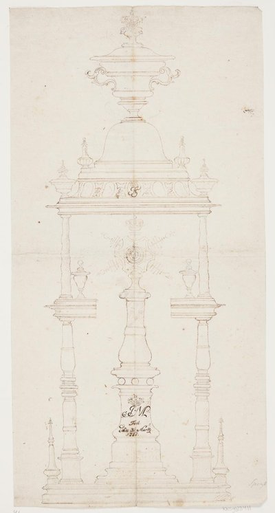 Ontwerp voor een gedraaide standaard met de initialen van koningin Juliane Marie door Lorenz Spengler