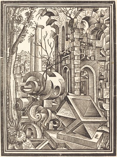 Fantasie van perspectivische vormen tussen ruïnes door Lorenz Stör