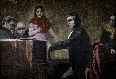 Ludwig van Beethoven speelt de Mondscheinsonate - gravure naar Lorenz Vogel door Lorenz Vogel