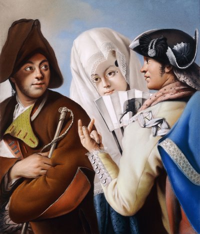 Een Heer in een Frygische Muts aangesproken door een Heer in een gele Jas en zwarte Driekantige Hoed met een Dame in een blauwe Brokaatjurk en witte Mantilla door Lorenzo Baldissera Tiepolo